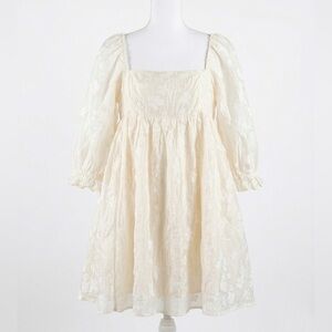 Honey Cream Floral Embroidered Babydoll Spring Dress Medium Fairytale Dreamy